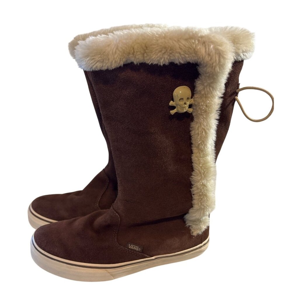 Vans Dasan Sneaker Boots Women’s Size 7 Brown Suede Fur Lined Tall Skull Button